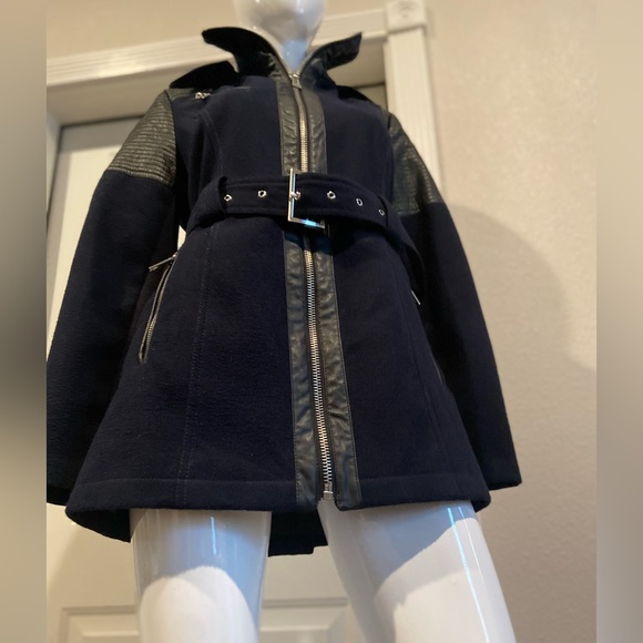 BCBGeneration~Navy & Black Faux Leather~Belted~Hooded~Pea Coat~Pockets~Size S - Picture 6 of 16